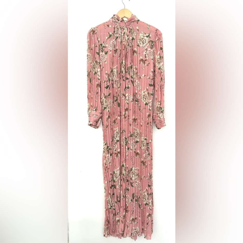 Unique pink printed pleated dress maxi flowy floral print long sleeve - Picture 9 of 9
